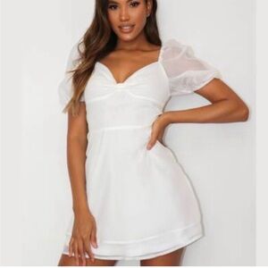 NWT Misguided Knot Front A Line Dress White Puff Sleeve Organza Mini Dress